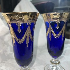 Interglass Italy Cobalt Blue Wine Goblets, Gold Medici Crystal Glasses, Set of 2