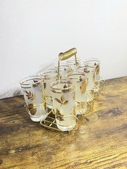 8 PC VINTAGE LIBBEY GOLD LEAF HIGH-BALL FROSTED GLASSES W/METAL CARRIER