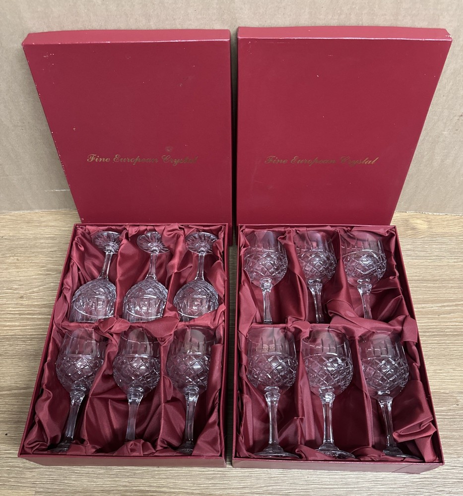 Set Of 12 Crystal Hand Cut Wine Glasses Drape Cut Made In Poland 7”H Boxed