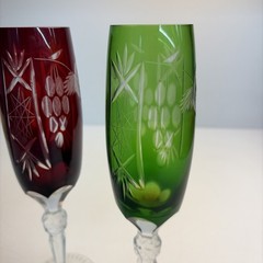 Vintage Ajka Cut to Clear 24% Lead Crystal Champagne Flutes Ruby Red Green Pair