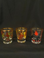 3 Vintage 1950s Shot Glasses Black Cat Tribal Monkeys MCM