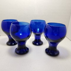 Set of 4 Vintage Thick Cobalt Blue Pedestal Heavy Goblet – See Photos