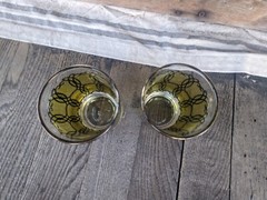 Vintage MCM Libbey Yellow Splatter w/ Black Scroll 6oz Juice Glasses (2)