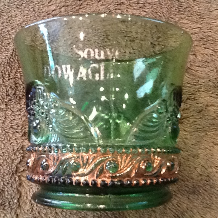 Cup Glass Emerald Green Gold EAPG Souvenir Dowagiac Michigan Vintage