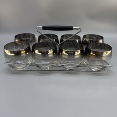 Vintage Roly Poly Glass Set of 8 with Caddy Dorothy Thorpe Style Silver Fade MCM