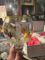 Hand Painted Butterfly Floral Clear Glass Goblet Green Rim 17 oz China