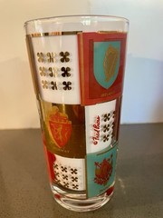 MCM Fred Press Highball Glasses Coat of Arms, Turquoise, Pink and Gold, Set of 2
