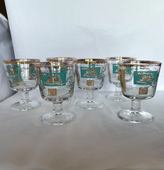 MCM Federal Steamboat Footed Glasses Aqua Gold Trim Old Fashion Barware Set of 6