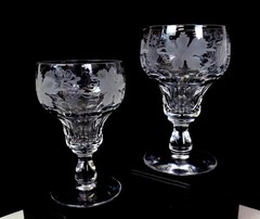 Val St Lambert Cut Crystal Vignes 2pc Grapes Leaves 4oz 4 1/4″ Wine Glasses 1950