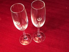 Champagne flutes pair unique etched logo? Fine crystal FREE SHIP!!