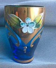 Vintage Italy Blue Glass & Gold Shot Glass Applied Flower Gilted Art Glass
