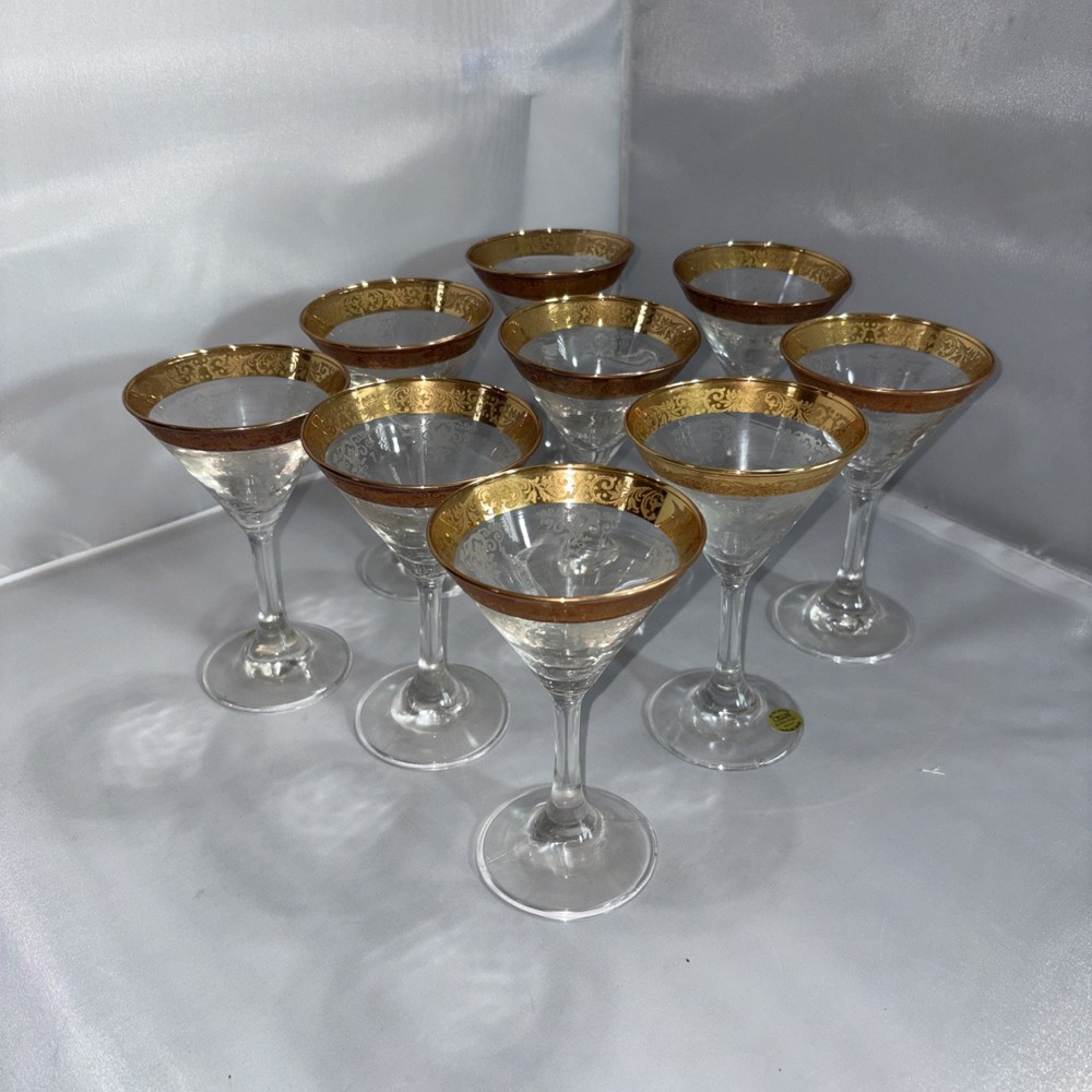 Cellini Blown Crystal Champagne Glasses Hand Decorated 24 Karat Gold~Italy