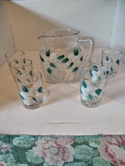 VTG Federal Glass Dixie Dogwood 7 Pc Juice Pitcher Set Hand Painted Grandmacore