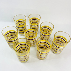 Set of 8 Vintage Tumblers Glasses Amber Glass Red Yellow Stripe