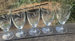Vintage Etched Wheat Clear Glass MCM Crystal 4.75″ H Glasses Set-5 Cordial 4 oz