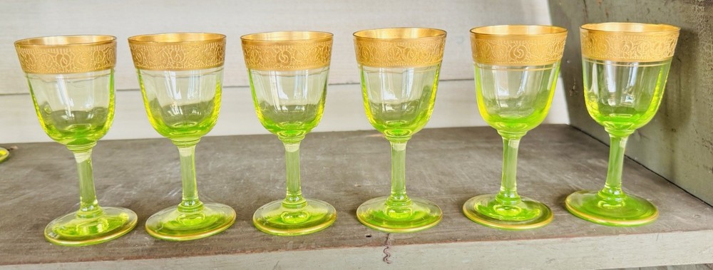 RARE 6 Pc Vintage Uranium Vaseline Yellow Gold Cordial Shot Tiffin RAMBLER ROSE