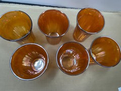 SIX HAZEL ATLAS MARIGOLD IRIDIZED FRUITS TUMBLERS