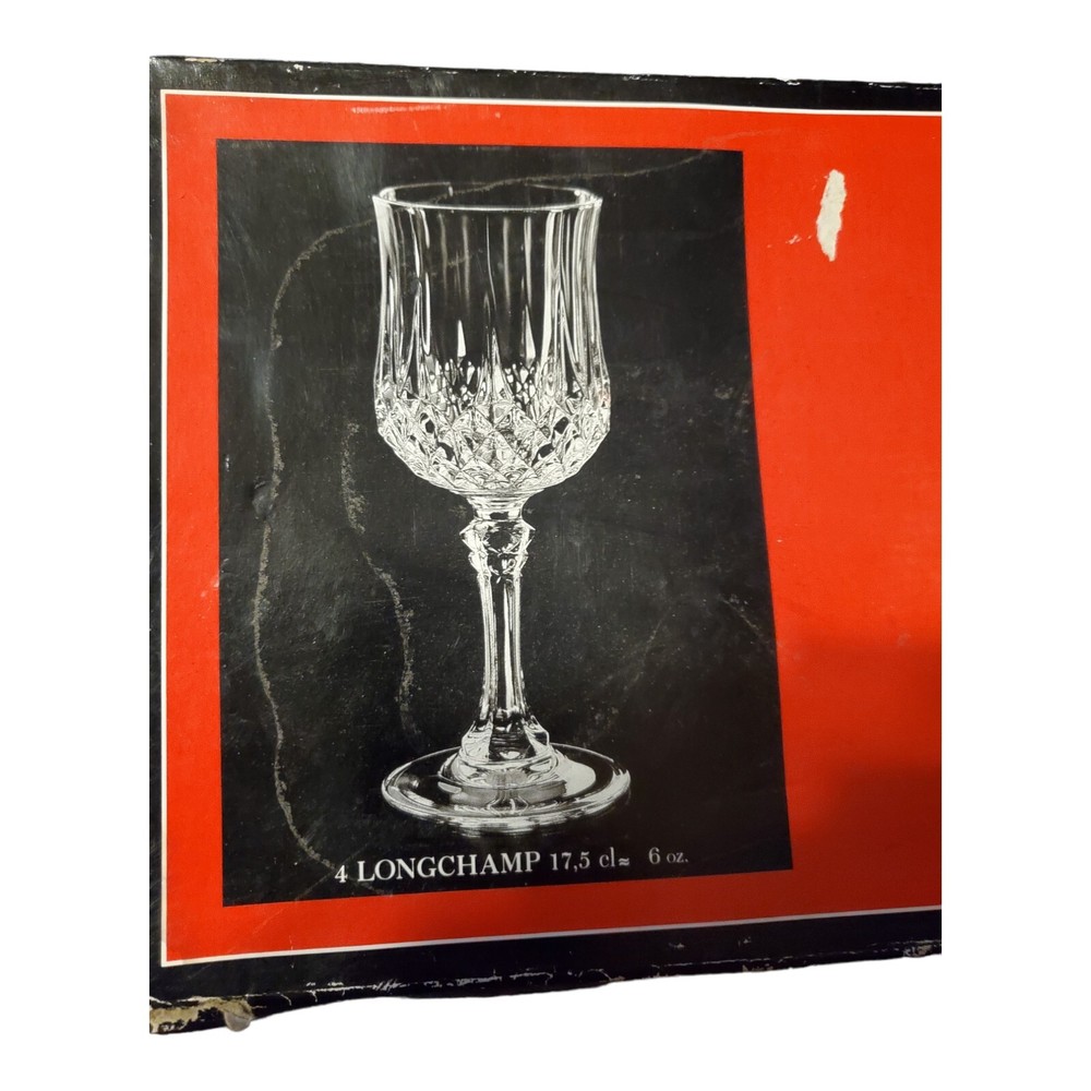 4 Piece Vintage Lonchamp Genuine Lead Crystal France 6 Oz Goblet Glasses W/Box