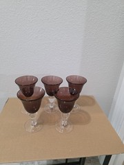 Set of 5 Hand Blown Amethyst Art Glass Wine Goblets Bubble Glass Pontil Stemware