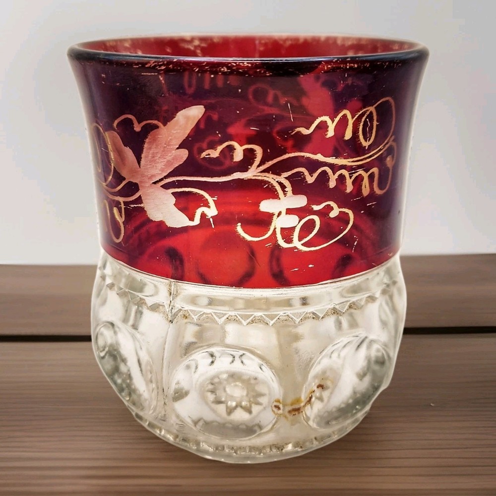 Antique Victorian Ruby Red Flash Pressed Glass Tumbler Souvenir EAPG