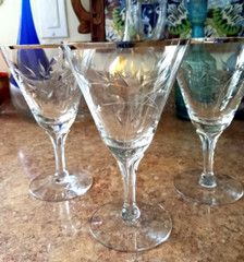 4 VTG Fostoria CRYSTAL WATER / WINE GLASS Bridal Belle PLATINUM RIM Etched USA