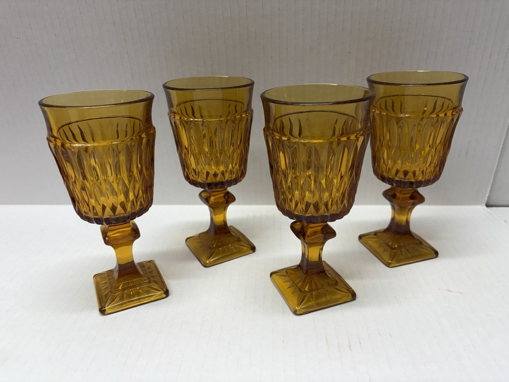 Set of 4 Amber Indiana Glass Mount Vernon Footed Drinking Glasses 1968-1987 USA