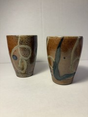 Mark Hewitt Pottery Studio pair of TUMBLERS-glazed-pattern/, WMH P stamp.