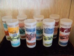 8 Vintage Frosted Glasses w/Automobiles Tumblers Early 1900’s