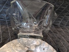 Vintage Cut Glass Mayonnaise Bowl w Ladle Etched Floral Design