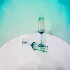 Block Crystal Festival Green & Blue Champagne Flute Handmade Art Glass 10.25”