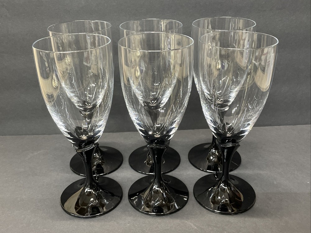 Rare Vintage Mikasa Alexandra Black Wine Stemware Goblet Glass / Iced Tea Set 6