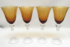 4 Gothic Style Amber Trumpet Stem Wine Glasses 9”