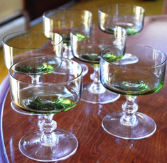 SASAKI REGENCY Vtg MCM Set 6 Champagne/Sherbet Glasses OLIVE GREEN w Clear Stem