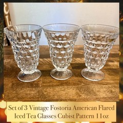 Set of 3 Vintage Fostoria American Flared Iced Tea Glasses Cubist Pattern 11oz