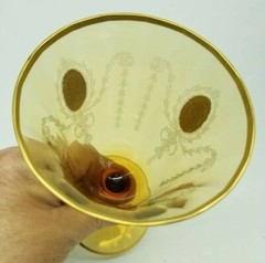 TIFFIN «CHARMAIN» AMBER 6 5/8″ WATER GOBLET IRIS ETCH GOLD ENCRUSTED – 7 AVAIL.