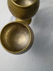 Vintage Brass Goblet Set Ornate Etched Chalice Cups Pair Decorative