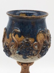 Vintage Artisan Hand Crafted Stoneware Pottery Wine Goblet Wood Stem Signed
