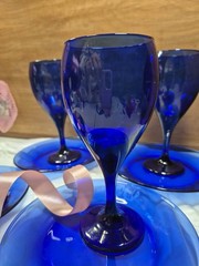 Vintage Cobalt Blue Dishes 8p Set Wine Glasses & 7.5” Saucer Plates LIBBEY Glass