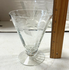 Vintage 3 Crystal Etched Flower Cocktail Glasses, has a Green Manganese Glow