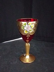 Vintage Czech Bohemian Ruby Red Cordial Glasses w/ Gold Trim & Painted Flowers