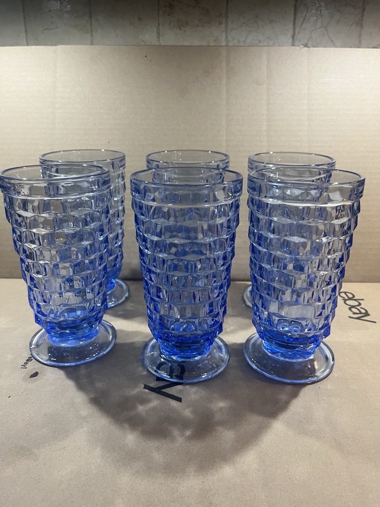 Whitehall Cubist Ice Blue Cube Footed Ice Tea Colony Indiana Glass Set 6 Vintage