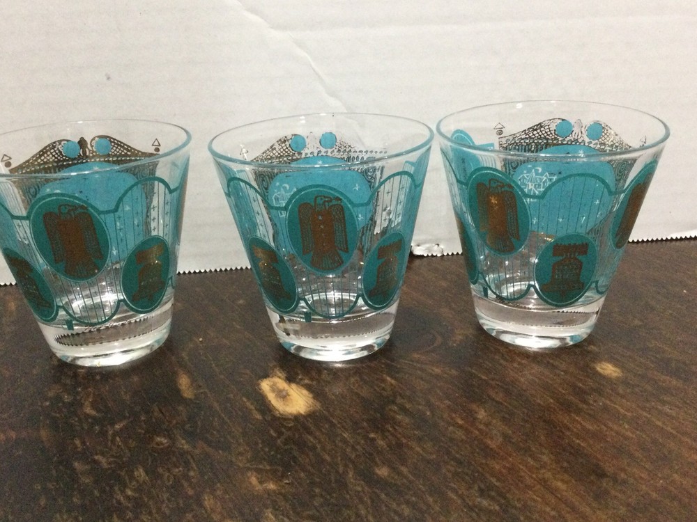 3 MCM MID-CENTURY NED HARRIS CERA TURQUOISE GOLD PAUL REVERE COCKTAIL GLASSES