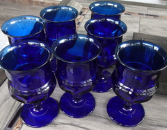 Set 7 Imperial by Tiara Glass Cobalt Blue Kings Crown Thumbprint Water Goblets