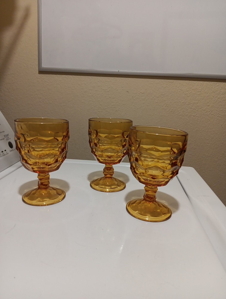 3 VTG Amber Honeycomb Georgian Goblets Glasses 5.5
