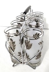 Vintage Set of 8 Libbey Gold Leaf Frosted Tumbler Glasses in Metal Caddy MCM