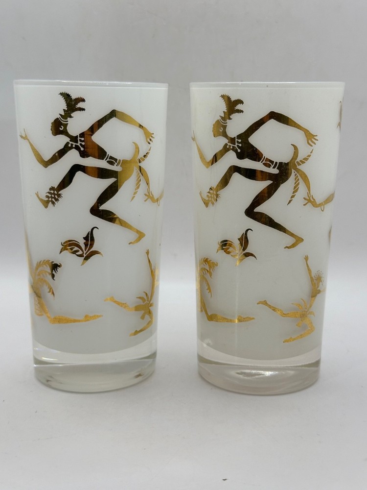 Pair of 2 African Tribal Tiki Dancers Highball Tumbler Gold MCM Barware Retro