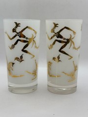 Pair of 2 African Tribal Tiki Dancers Highball Tumbler Gold MCM Barware Retro