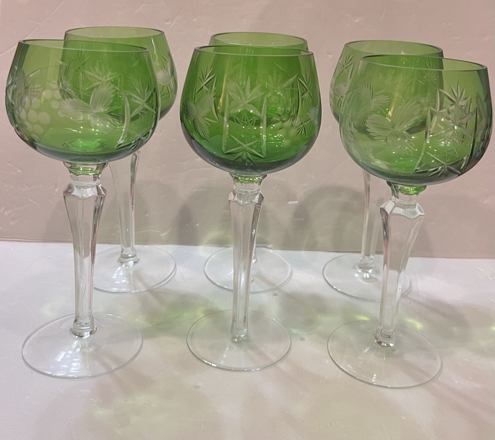 Six (6) Crystal Hock Wine Glass Green Cut-to-Clear Etched Grape 8.25″ Stems