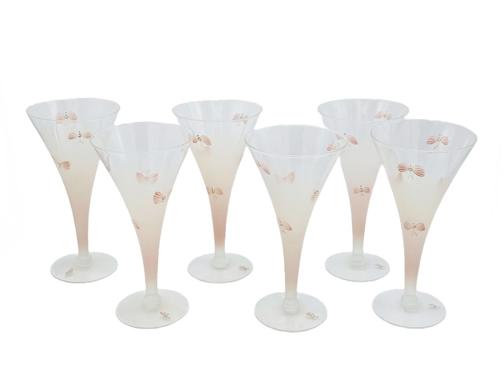 Lot of 6 PINK FROSTED OMBRE HAND PAINTED BUTTERLY ART GLASS WINE GLASS 7.5″