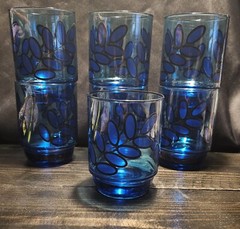 Set Of 7 Vintage J WM Hale Blue On Blue 70s Stackable Lowball 14oz Glasses